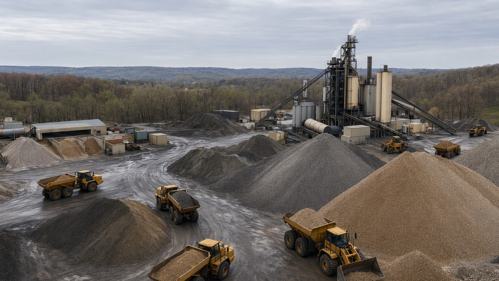 Aerial view of a Laney aggregate yard and asphalt plant with trucks loading materials in Maryland