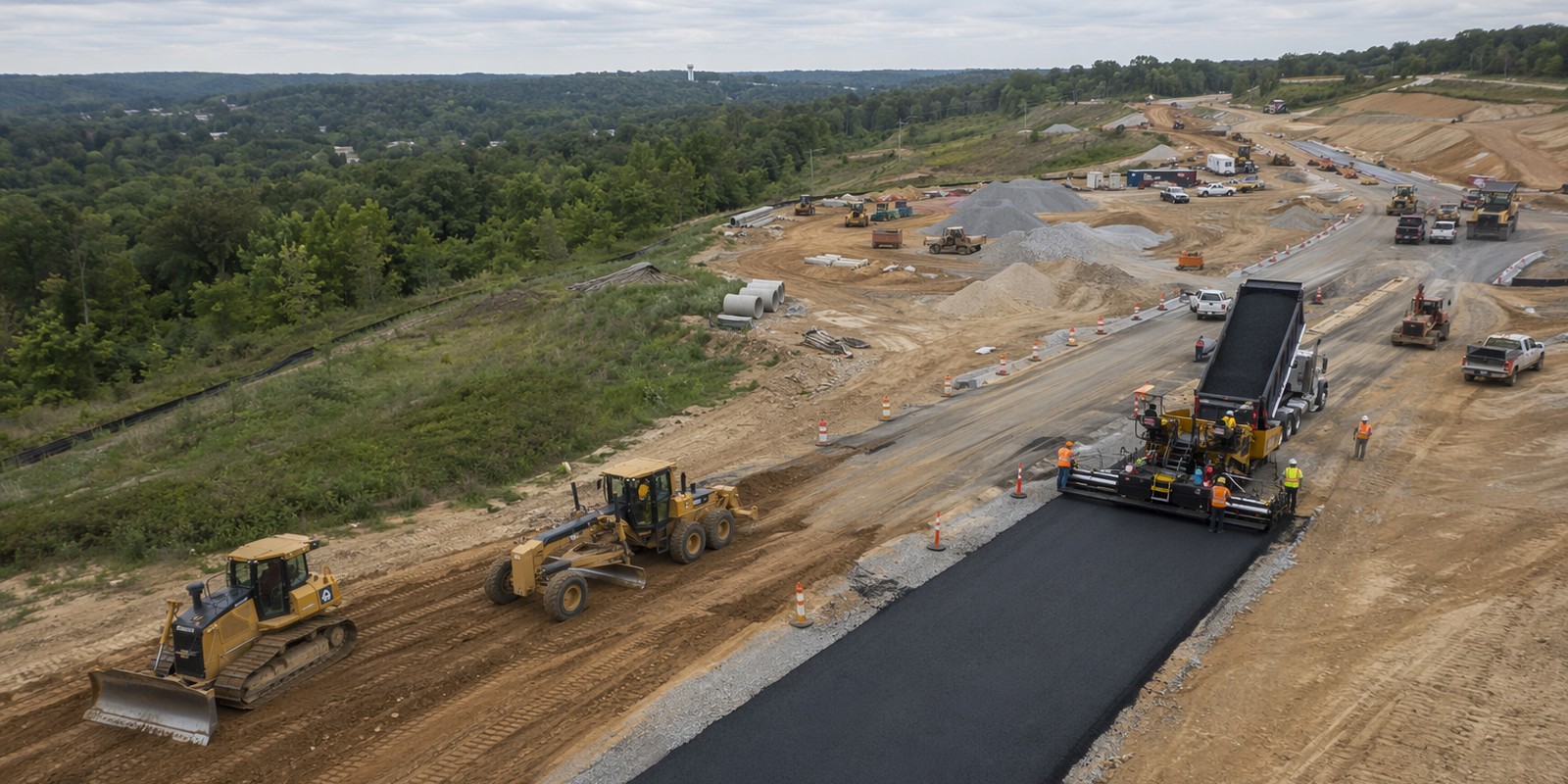 Aerial view of a Maryland construction site with grading equipment, aggregate stockpiles, and paving crews at work