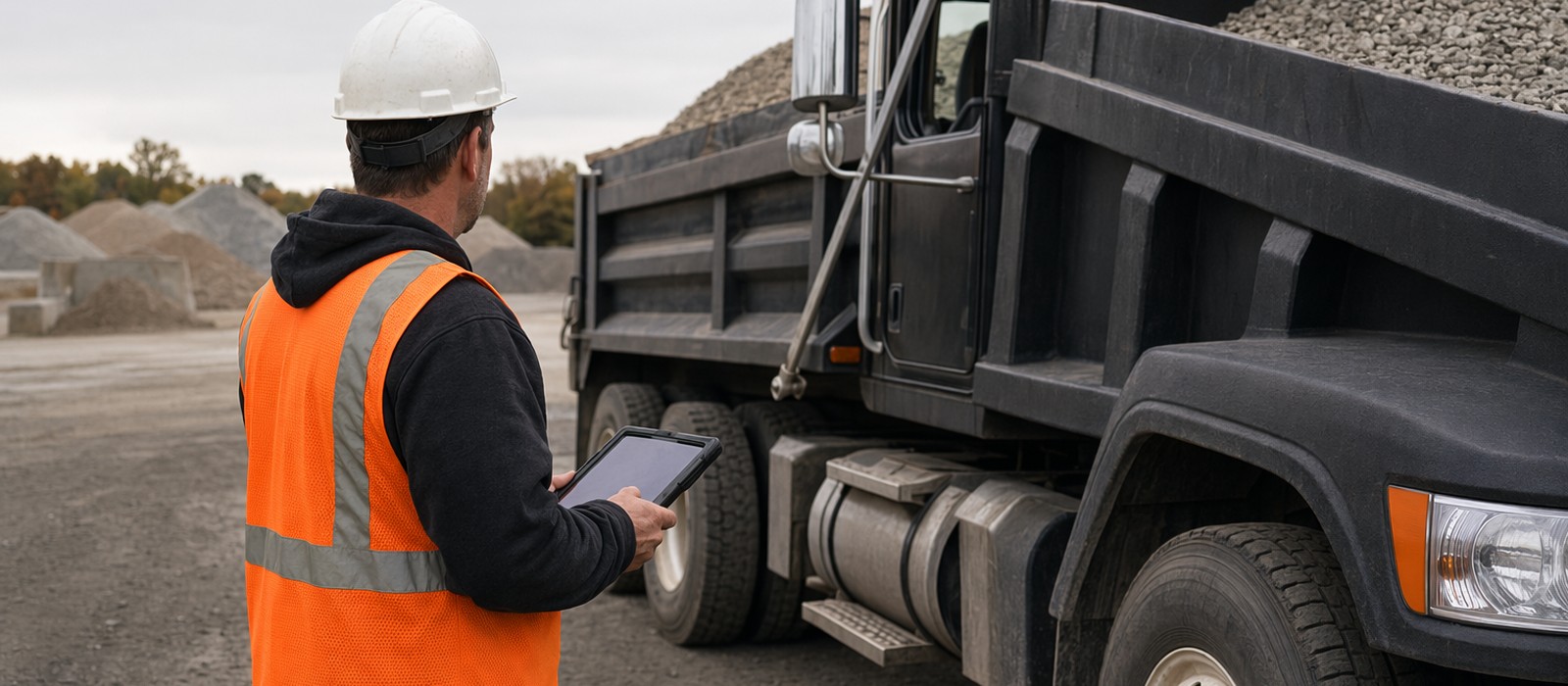 Dispatcher at a materials yard reviewing an order alongside a loaded dump truck