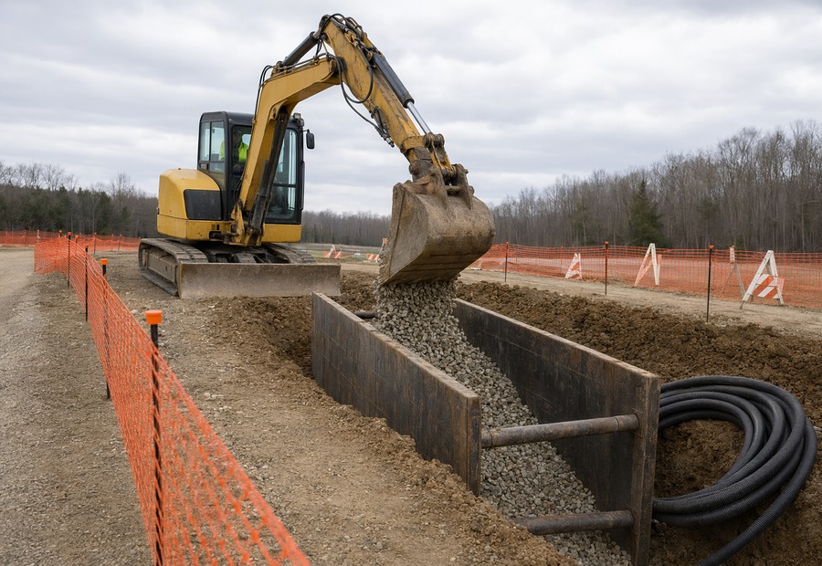 Utility trench being backfilled with crushed stone aggregate