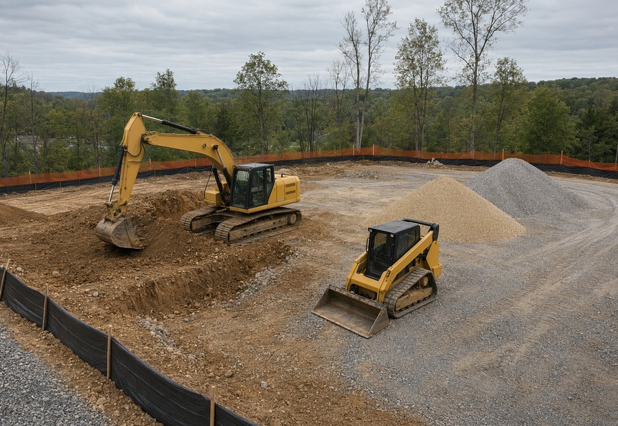 Site development project with excavation equipment and aggregate stockpiles
