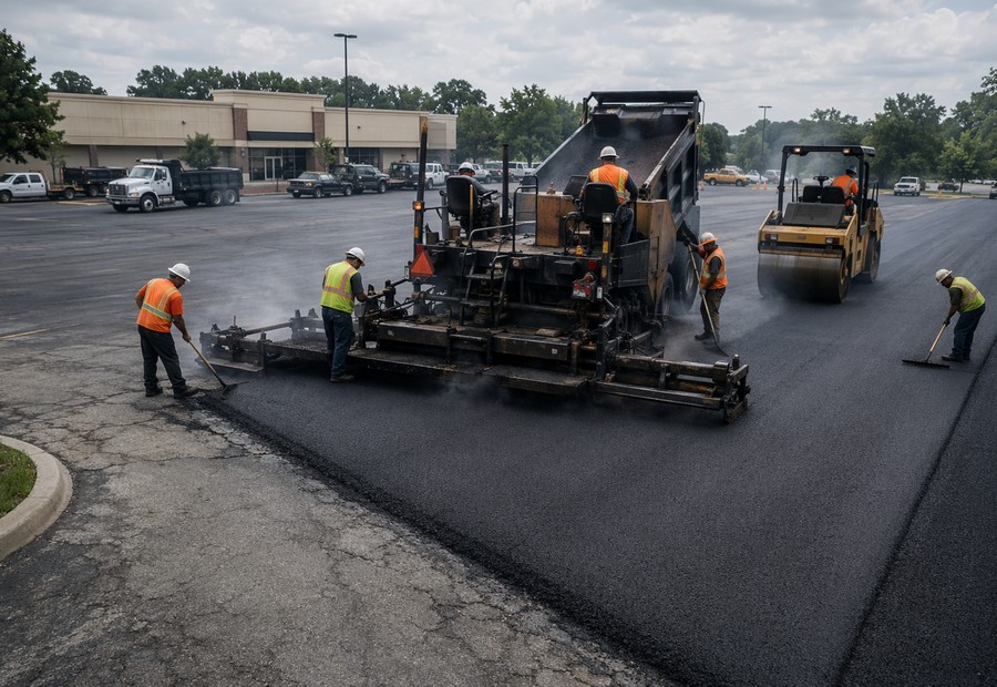 Commercial asphalt paving in progress on a parking lot